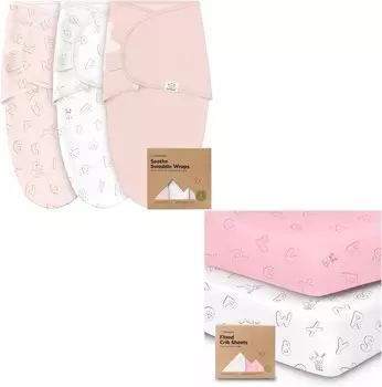 [T] Kea Комплект детских пеленальных мешков и простыней для детской кроватки Kea для мальчиков и девочек — 3 упаковки пелен для новорожденных от 0 до 3 месяцев (ABC Land Rose) — 2 упаковки трикотажных хлопковых простыней для кроватки нейтральног...