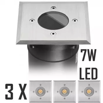 [T] Комплект из 3 светодиодных встраиваемых в пол точечных светильников со светодиодными прожекторами марки GU10 от LEDANDO - 7Вт - 530лм - теплый белый - квадрат - IP67 - крышка из нержавеющей стали - упругая 2т - замена 50Вт - угол луча 30° - А+ [встра