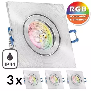 [T] Комплект из 3 встраиваемых светодиодных точечных светильников IP44 RGB GU10 из матового алюминия со светодиодами LEDANDO мощностью 3 Вт - 11 цветов + теплый белый - вкл. пульт дистанционного управления - с регулируемой яркостью - квадратный - для ван