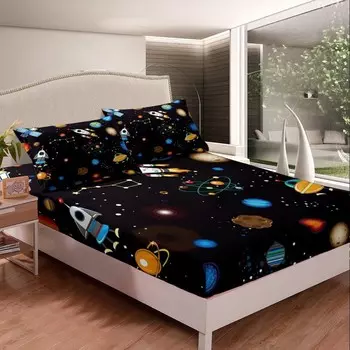 [T] Комплект простыней для космического пространства. Комплект простыней двойного размера с ракетным кораблем для мальчиков и девочек. Тематические декоративные простыни для подростков. Дети. Простыня с принтом «Галактика и космическая планета»....