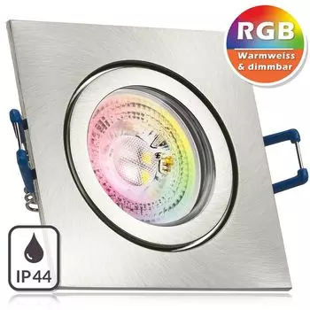 [T] Комплект встраиваемых светодиодных точечных светильников IP44 RGB GU10 из нержавеющей стали / матового серебра со светодиодом 3 Вт от LEDANDO - 11 цветов + теплый белый - вкл. пульт дистанционного управления - с регулируемой яркостью - квадратный - д