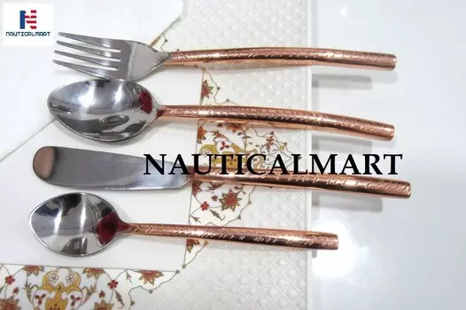 [T] Набор столовых приборов из нержавеющей стали, набор столовых приборов с медной ручкой включает вилку, ложку, нож, посуду для ежедневного использования и вечеринок, набор столовых приборов на 4 персоны, можно мыть в посудомоечной машине Nauti...