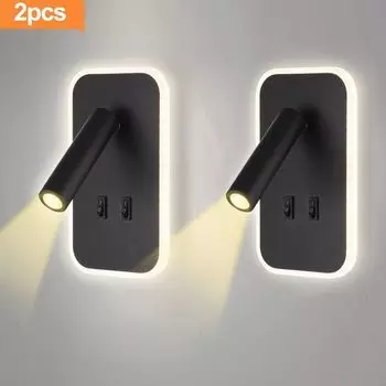 [T] Настенные светильники, 2 светодиодных настенных светильника с выключателем, настенный светильник мощностью 6 Вт, внутренний светодиодный современный + вращающийся и поворотный настенный светильник мощностью 3 Вт, прикроватные настенные свети...