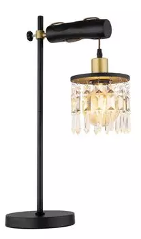 [T] Настольная лампа Globo Lighting матовая латунь, черное дерево, прозрачные кристаллы K9, матовый черный МДФ, металл цвета латуни, коричневый текстильный кабель, кулисный переключатель на кабеле, регулируемый по высоте, ДxШxВ: 340x180x550 мм,...