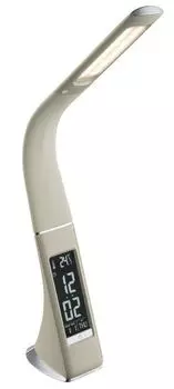 [T] Настольная лампа Globo Lighting пластик бежевого цвета, хромированная, с регулируемой яркостью, сенсорный диммер, фиксированные цвета, таймер, часы, будильник, термометр, адаптер вкл., USB-кабель вкл., флексографская печать, батарея в комплекте 1x CR