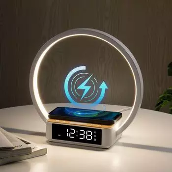 [T] Настольная лампа WILIT, прикроватная лампа, светодиодный светильник, 3 уровня яркости и функция беспроводной зарядки 10 Вт, сенсорная настольная лампа с регулируемой яркостью, офисная лампа, будильник, отображение времени, светодиодный индик...