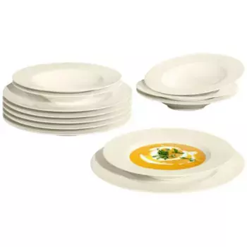 [T] Обеденный сервиз Seltmann Weiden «набор тарелок, набор посуды Zo», (набор, 12 предметов, 6x обеденных тарелок, круглые 27,5 см) 6 суповых тарелок диаметром около 23 см), неподвластный времени дизайн, Сделано в Германии, 12 предметов, на 6 ч...
