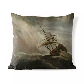 [T] Подушка для улицы MuchoWow - Корабль в открытом море во время шторма - Картина Виллема ван де Вельде - 60x60 см - Устойчивость к атмосферным воздействиям - Подушка для отдыха - Чехлы для подушек - Декоративные чехлы для подушек - Декоративны...