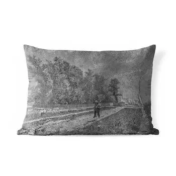 [T] Подушка для улицы MuchoWow — окраина Парижа; Улица с фермером, держащим лопату на плече - Винсент Ван Гог - Черный - Белый - 60x40 см - Устойчивость к атмосферным воздействиям - Подушки для отдыха - Чехлы для подушек - Декоративные чехлы для...
