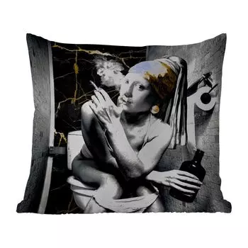 [T] Подушка для улицы MuchoWow - Под мрамор - Девушка с жемчужной сережкой - Сигареты - Туалет - Золото - Искусство - Старые мастера - 45x45 см - Устойчивость к атмосферным воздействиям - Подушки для отдыха - Чехлы для подушек - Декоративные чех...