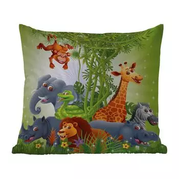 [T] Подушка для улицы MuchoWow - Животные джунглей - Растения - Дети - Слон - Жираф - Лев - 45x45 см - Устойчивость к атмосферным воздействиям - Подушка для отдыха - Чехлы для подушек - Декоративные чехлы для подушек - Декоративные чехлы для под...