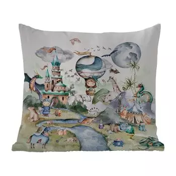 [T] Подушка MuchoWow для улицы - Дети - Воздушный шар - Дракон - Мальчики - Замок - Акварель - 60x60 см - Устойчивость к атмосферным воздействиям - Подушка для отдыха - Чехлы для подушек - Декоративные чехлы для подушек - Декоративные чехлы для...