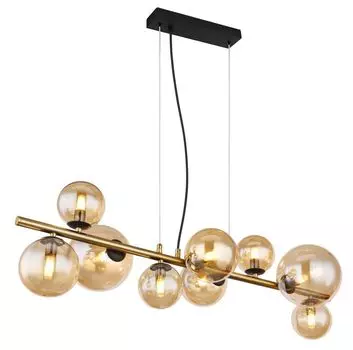 [T] Подвесной светильник Globo Lighting металлический черный матовый, металлическая латунь матовая, стекло янтарное, кабель ПВХ черный, ДxШxВ: 866x360x1200 мм, 4 стекла DM: 10 см, 3 стекла DM: 12 см, 2 стекла DM: 15 см, вкл. Вт 230 В, источник 3...