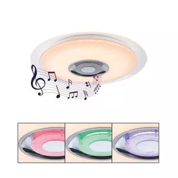 [T] Потолочный светильник Globo Lighting, белый металл, хромированный, акриловый опал, прозрачные кристаллы K5, регулировка яркости, смена цвета, фиксация цвета, функция памяти, ночник, пульт дистанционного управления, динамик 5 Вт, батарейка 2x...