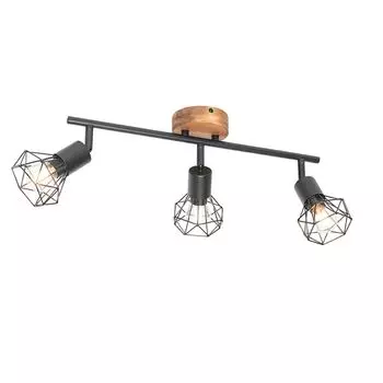 [T] QAZQA - Industrial I Vintage I Spot I Spot Light I Потолочный точечный светильник I Потолочный точечный светильник I Spotlight I Лампа I Свет черный с деревом Вращающиеся и поворотные точечные светильники с 3 лампами - Mosh I Гостиная I Спальня, кори