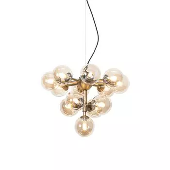 [T] QAZQA - Подвесной светильник в стиле ар-деко I Подвесной светильник I Подвесной светильник I Подвесной светильник I Подвесной светильник I Лампа I Светильник бронзовый с янтарным стеклом 13 лампочек - Бьянка I Гостиная I Спальня - круглый - Подходит