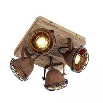 [T] QAZQA - Промышленность I Винтаж I Индустриальный прожектор I Прожектор I Потолочный прожектор I Потолочный прожектор I Прожектор I Лампа I Светильник ржаво-коричневого цвета с деревянным наклонным точечным светильником с 4 лампами - Gina I Г...