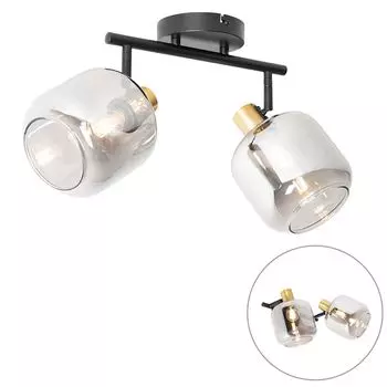 [T] QAZQA - Современный потолочный светильник I точечный светильник I потолочный точечный светильник I потолочный точечный светильник I точечный светильник I светильник I черный I золотой I латунь с дымчатым стеклом, 2 лампы - Zuzanna I гостиная...