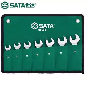 [T] SATA 09034 Набор ключей с храповым механизмом с короткой ручкой, фиксированная головка, сливовые открытые ключи двойного назначения, набор инструментов, полностью полированная хромованадиевая сталь с высоким крутящим моментом, набор из 7 пре...