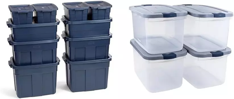 [T] Сумки для хранения Rubbermaid Roughneck Variety Pack, прочные штабелируемые контейнеры для хранения и прозрачные контейнеры для хранения Roughneck емкостью 66 квартов/16,5 галлонов, упаковка из 4 штук с защелкивающимися серыми крышками, Dark...