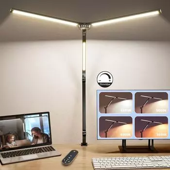 [T] Светодиодная настольная лампа с двойной головкой и регулируемой яркостью, лампа для чтения мощностью 24 Вт, зажимной светильник, 4 цвета света, таймер, лампа для монитора, сенсорный переключатель с дистанционным управлением, офисный кабинет...