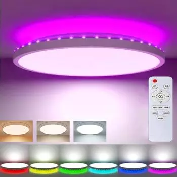 [T] Светодиодный потолочный светильник мощностью 24 Вт с RGB-подсветкой, потолочный светильник с регулируемой яркостью с помощью пульта дистанционного управления, 3 цвета света, функция памяти, IP44 для спальни, гостиной, игровой комнаты, столов...