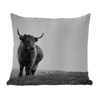 [T] Уличная подушка MuchoWow - Животные - Шотландские горцы - Черно-белый - Природа - Сельская местность - 50x50 см - Устойчивость к атмосферным воздействиям - Подушка для отдыха - Чехол на подушку - Хлопчатобумажная ткань - Декоративные наволоч...