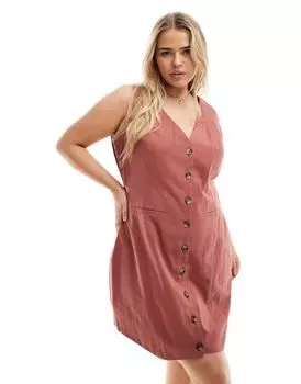Табачное льняное платье-жилет мини на пуговицах ASOS DESIGN Curve