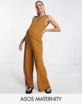 Табачный комбинезон без рукавов в рубчик ASOS DESIGN Maternity