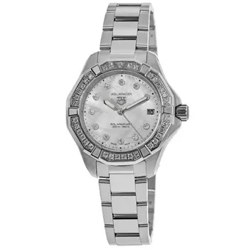 Tag Heuer Aquaracer Professional 200 Solargraph перламутровый циферблат бриллиантовый безель стальные женские часы WBP1314.BA0005, цвет mother of pearl