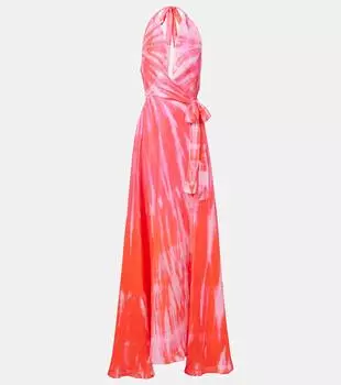 Тай-дай шелковое платье-халат с запахом на бретелях Anna Kosturova, Pink Orange Wht