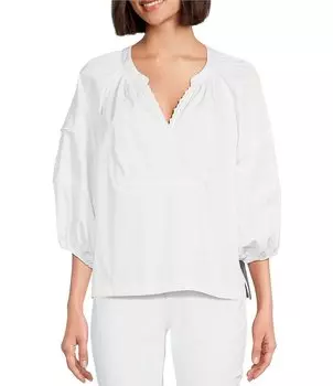 Тайлер Бое Молли Тканый топ с разрезом и v-образным вырезом, рукавами-воздушными шарами 3/4, плечами реглан и кружевной отделкой tyler boe, белый