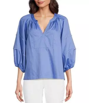 Тайлер Бое Молли Тканый топ с разрезом и v-образным вырезом, рукавами-воздушными шарами 3/4, плечами реглан и кружевной отделкой tyler boe, синий