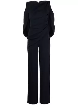 Talbot Runhof комбинезон с открытыми плечами и кружевом, синий