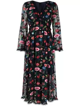Talbot Runhof платье макси из тюля с цветочной вышивкой, синий