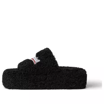 Тапочки furry platform sandals 'black fake shearling white and red political campaign embroideries' Balenciaga, черный