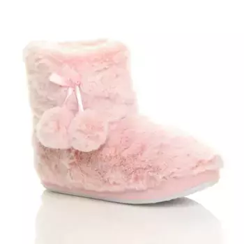 Тапочки из искусственного меха с помпонами на плоском каблуке AJVANI, розовый