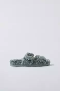 Тапочки из искусственной овчины с пряжками ZARA, синий