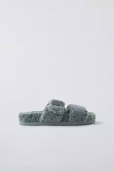 Тапочки из искусственной овчины с пряжками ZARA, синий