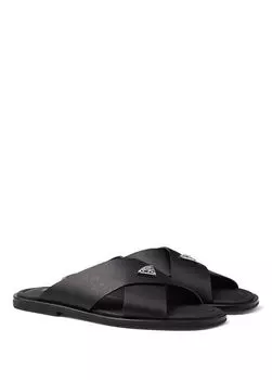 Тапочки из сафьяновой кожи с перекрестными ремешками Prada, черный