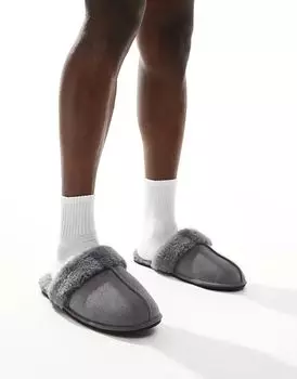 Тапочки-мюли из серой замши с подкладкой из искусственной овчины ASOS DESIGN