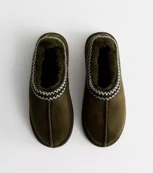 Тапочки с абстрактной отделкой на подкладке из искусственного меха New Look, хаки