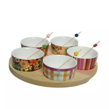 Тарелка для тапас - сервировочный набор - круглый поднос с 5 чашами и шпажками для закусок - D: 25 см - фарфор MARELIDA