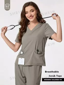 Task Fit, Форменная рубашка с короткими рукавами и V-образным вырезом, изготовленная из свободной однотонной ткани, имеет карманы Shein, серый