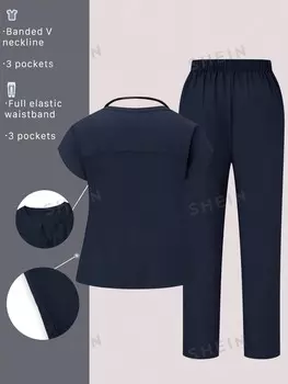 Task Fit, Комплект из рубашки и брюк стандартного кроя, V-образный вырез, короткие рукава, для женщин больших размеров Shein, темно-синий