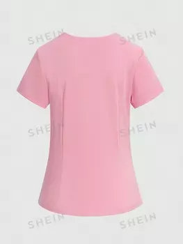 Task Fit Однотонный комплект из топа с короткими рукавами и брюками с карманами с v-образным вырезом для униформы Shein, розовый