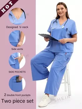 Task Fit, Женская летняя синяя униформа медсестры больших размеров, одежда для бега, эластичный топ и брюки с множеством карманов, рабочая одежда для медсестер Shein, синий