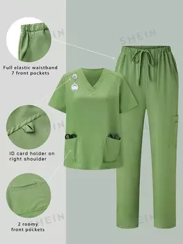 Task Fit Женский простой однотонный повседневный костюм Набор скрабов Shein, зеленый