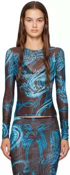 Татуировка на синей футболке с длинным рукавом с принтом Miaou