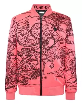 Татуировка скелета из атласного бомбера Philipp Plein, фуксия